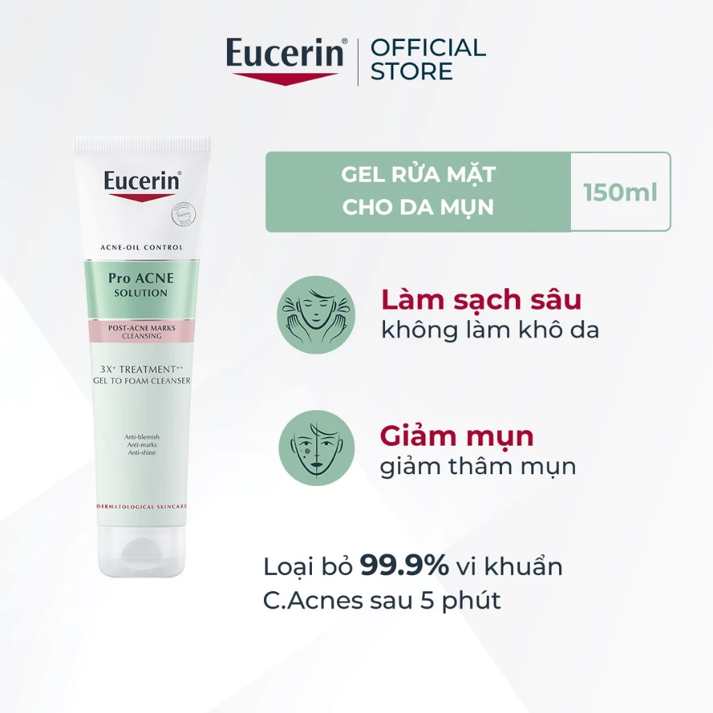 Gel rửa mặt cho da mụn Eucerin 3X Treatment Gel To Foam Cleanser 150ml