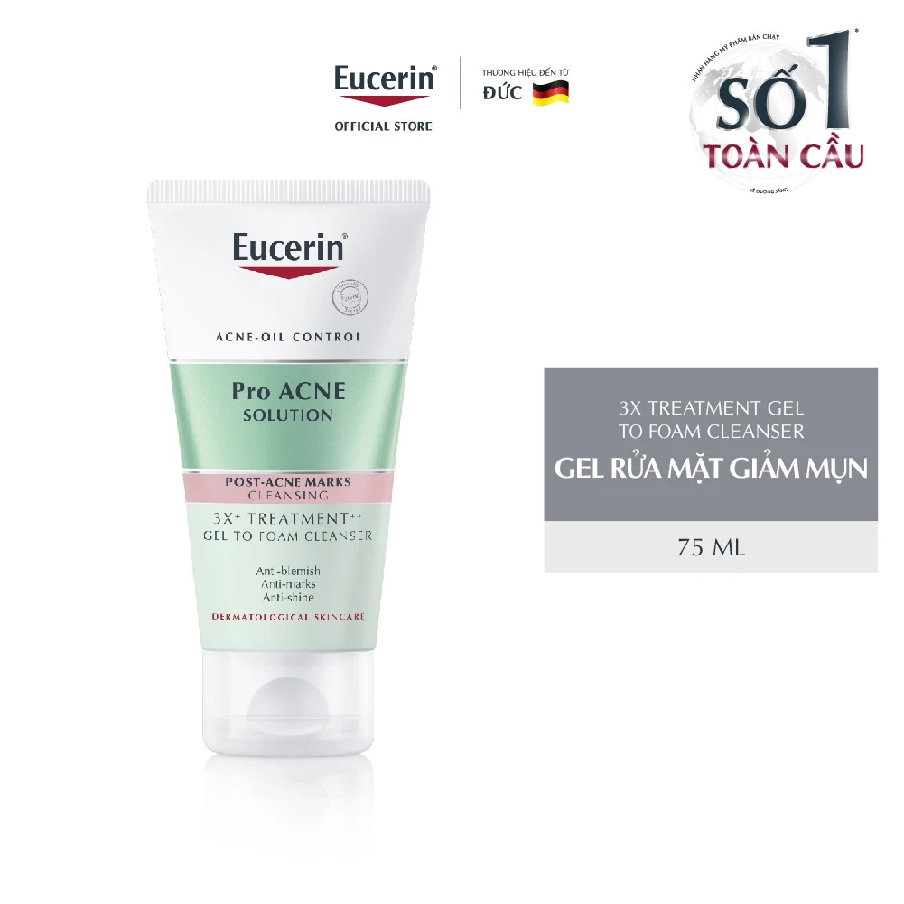 Gel rửa mặt cho da mụn Eucerin 3X Treatment Gel To Foam Cleanser 75ml