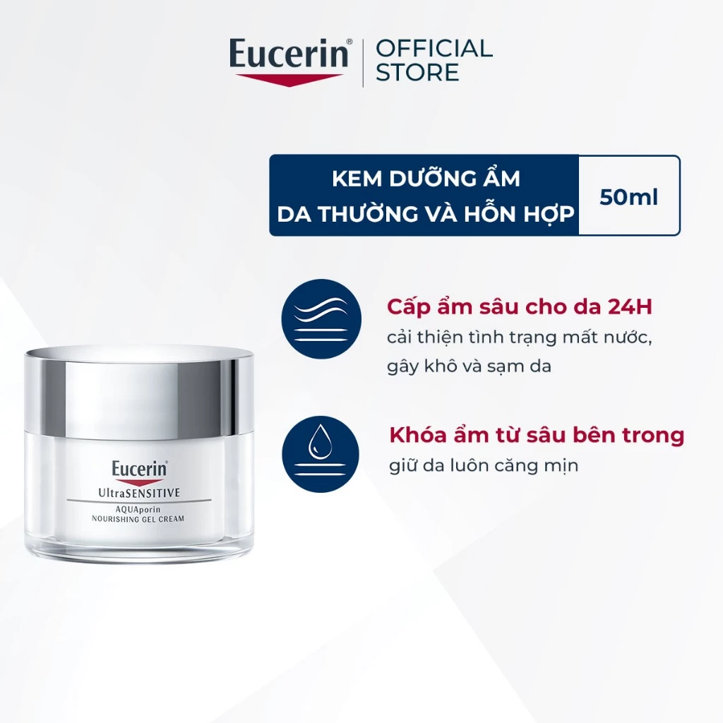 Kem dưỡng cấp ẩm cho da thường đến da hỗn hợp Eucerin Ultrasensitive Aquaporin Nourishing Gel Cream 50ml